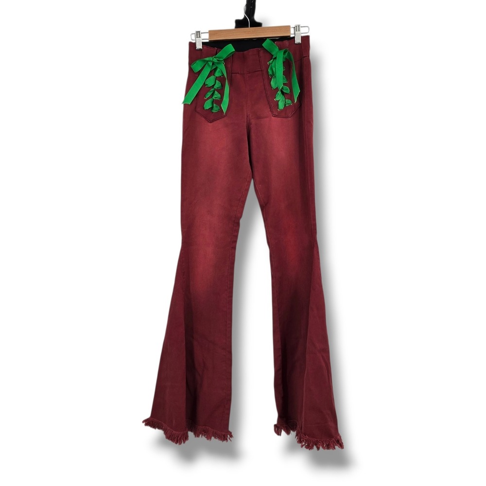 Judith March Burgundy Flare Bell Bottom Pants Green Ribbon Lace Up Frayed Hem M